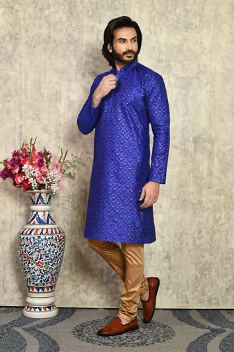 Blue plain art silk kurta pajama