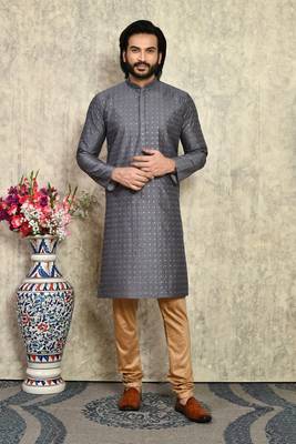 Grey plain art silk kurta pajama 1