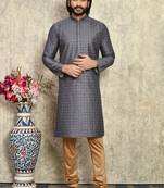 Grey plain art silk kurta pajama