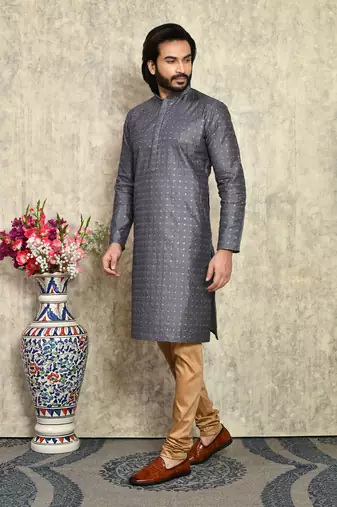 Grey plain art silk kurta pajama
