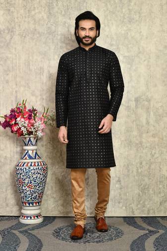 Black plain art silk kurta pajama