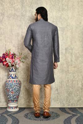 Grey plain art silk kurta pajama 3