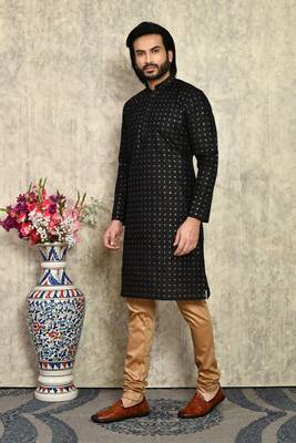 Black plain art silk kurta pajama 2