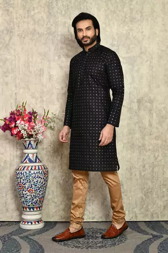 Black plain art silk kurta pajama
