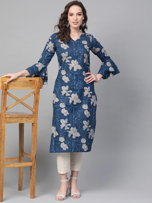women blue rayon blend floral printed straight kurta 5