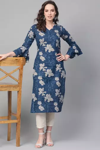 women blue rayon blend floral printed straight kurta