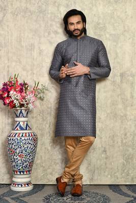 Grey plain art silk kurta pajama 4