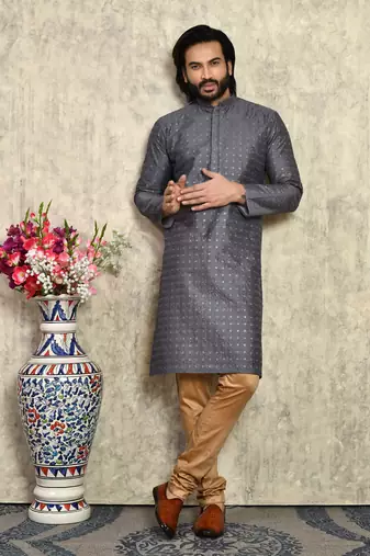 Grey plain art silk kurta pajama