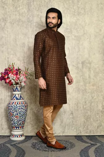 Chocolate plain art silk kurta pajama