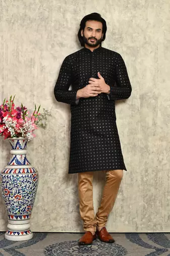 Black plain art silk kurta pajama