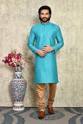 Turquoise plain art silk kurta pajama 1