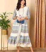 women off white cotton ethnic motifs embroidered a-line kurta with shrug