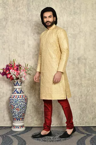 Gold plain art silk kurta pajama