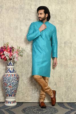 Turquoise plain art silk kurta pajama 4