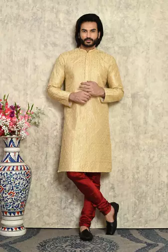 Gold plain art silk kurta pajama