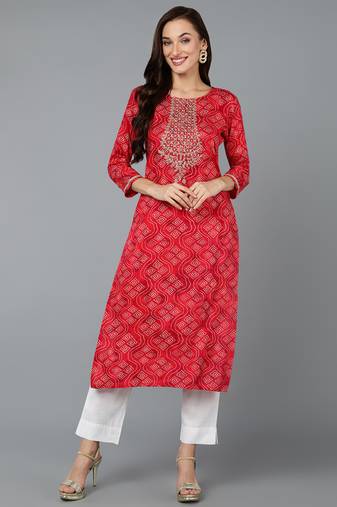 women red viscose rayon bandhani embroidered straight kurta