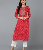 women red viscose rayon bandhani embroidered straight kurta