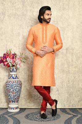 Rust embroidered art silk kurta pajama 1