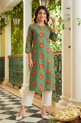 women green cotton ethnic motifs printed straight kurta