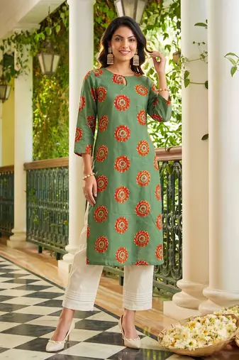 women green cotton ethnic motifs printed straight kurta