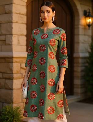 women green cotton ethnic motifs printed straight kurta 1