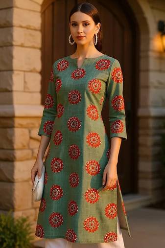 women green cotton ethnic motifs printed straight kurta