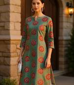 women green cotton ethnic motifs printed straight kurta