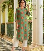 women green cotton ethnic motifs printed straight kurta