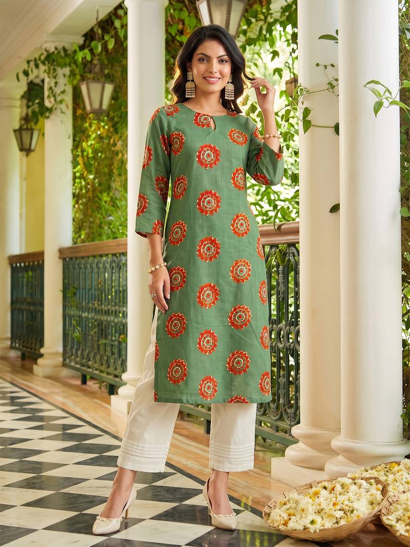 women green cotton ethnic motifs printed straight kurta