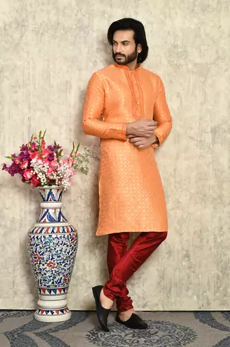 Rust embroidered art silk kurta pajama