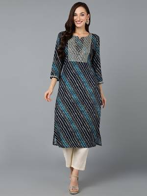 women navy blue viscose rayon leheriya embroidered straight kurta 1