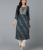 women navy blue viscose rayon leheriya embroidered straight kurta