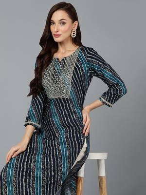 women navy blue viscose rayon leheriya embroidered straight kurta 2