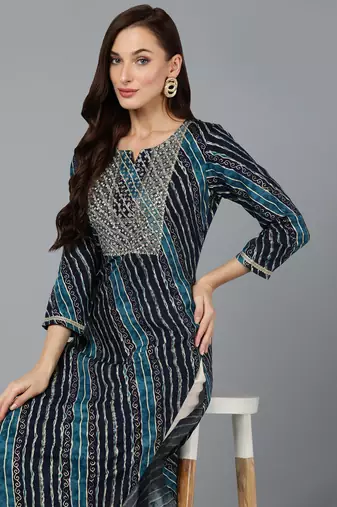 women navy blue viscose rayon leheriya embroidered straight kurta