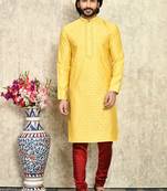 Yellow embroidered art silk kurta pajama