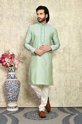 Pista embroidered art silk kurta pajama 1