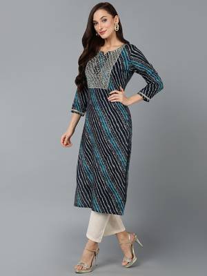 women navy blue viscose rayon leheriya embroidered straight kurta 3