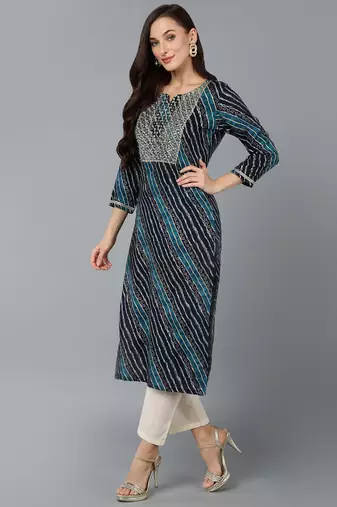 women navy blue viscose rayon leheriya embroidered straight kurta