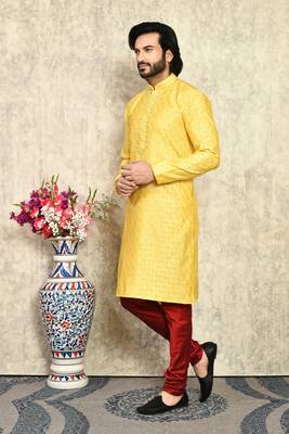 Yellow embroidered art silk kurta pajama 2