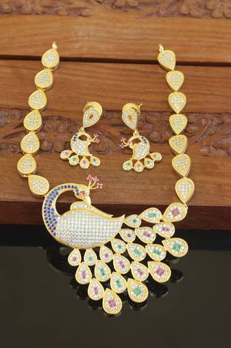 Designer gold plated cz peacock necklace set
