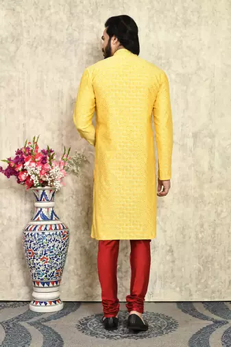 Yellow embroidered art silk kurta pajama