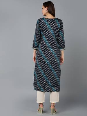 women navy blue viscose rayon leheriya embroidered straight kurta 4