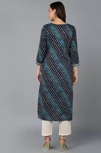 women navy blue viscose rayon leheriya embroidered straight kurta