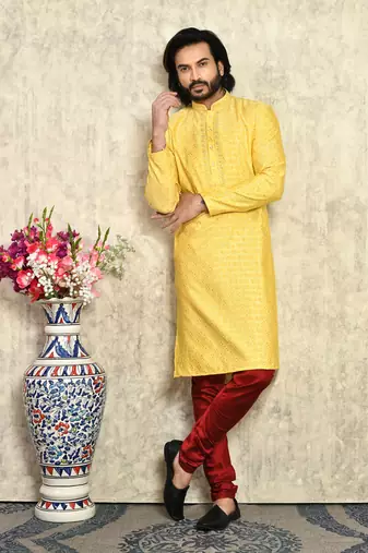Yellow embroidered art silk kurta pajama