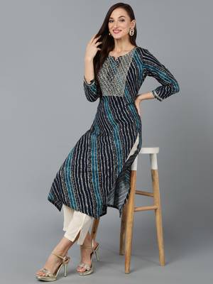 women navy blue viscose rayon leheriya embroidered straight kurta 5