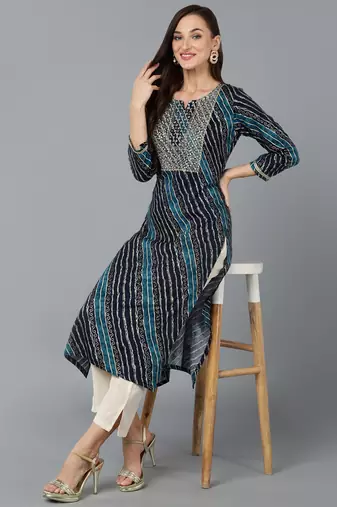 women navy blue viscose rayon leheriya embroidered straight kurta