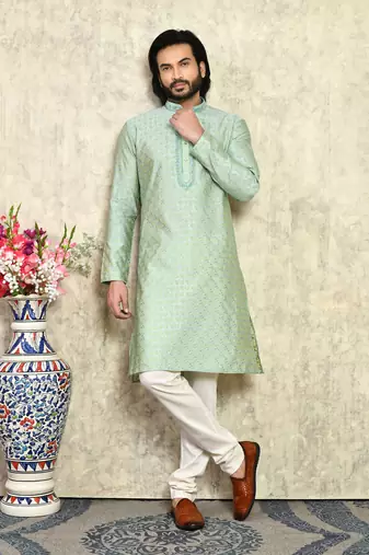 Pista embroidered art silk kurta pajama