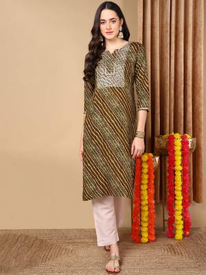 women olive viscose rayon leheriya embroidered straight kurta 1