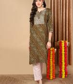 women olive viscose rayon leheriya embroidered straight kurta