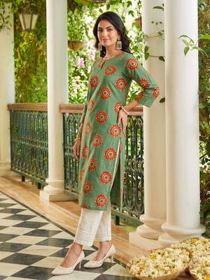 women green cotton ethnic motifs printed straight kurta 2
